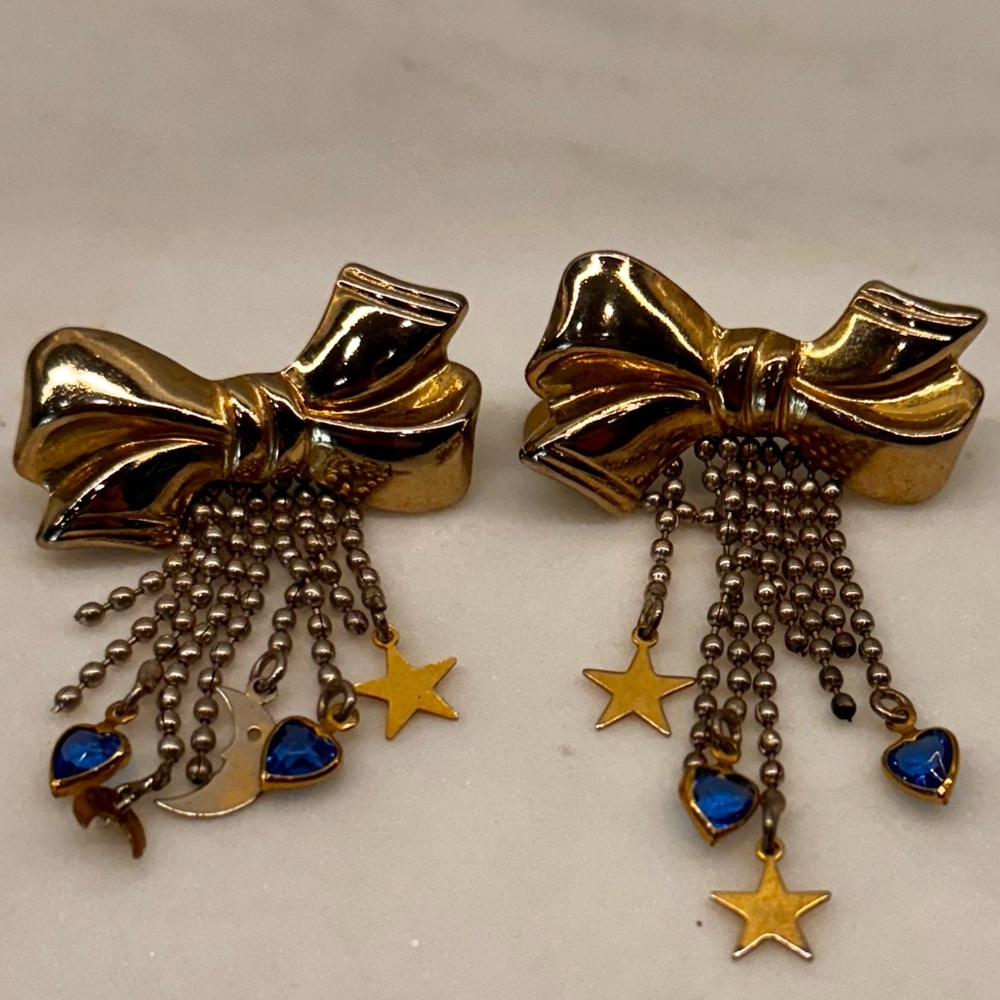 Vintage Gold Bow Pierced Earrings with moon, star & Blue crystal heart Accents